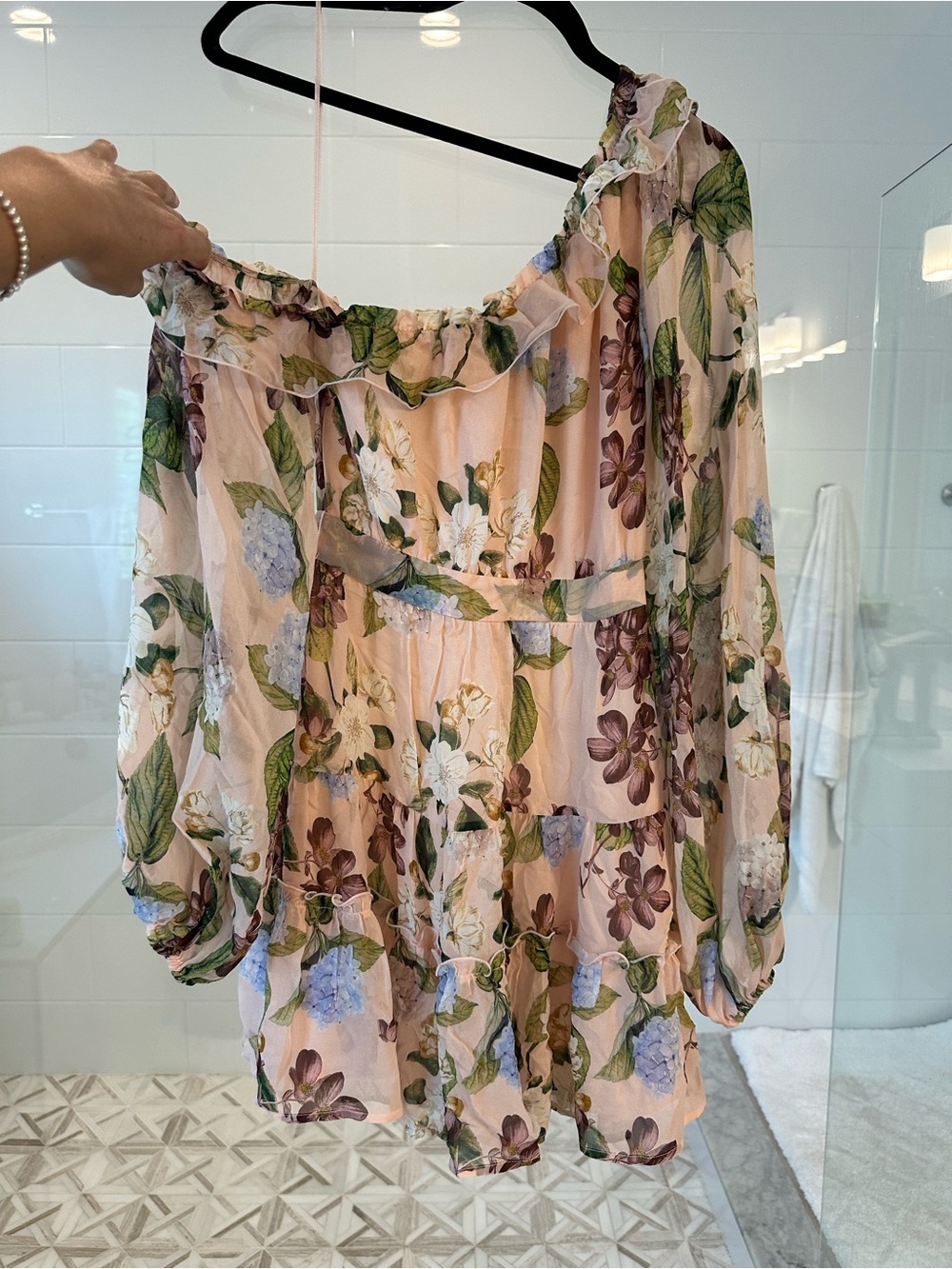 NICHOLAS One-Shoulder Floral Mini Dress in Blush Pink with Green and Blue Print